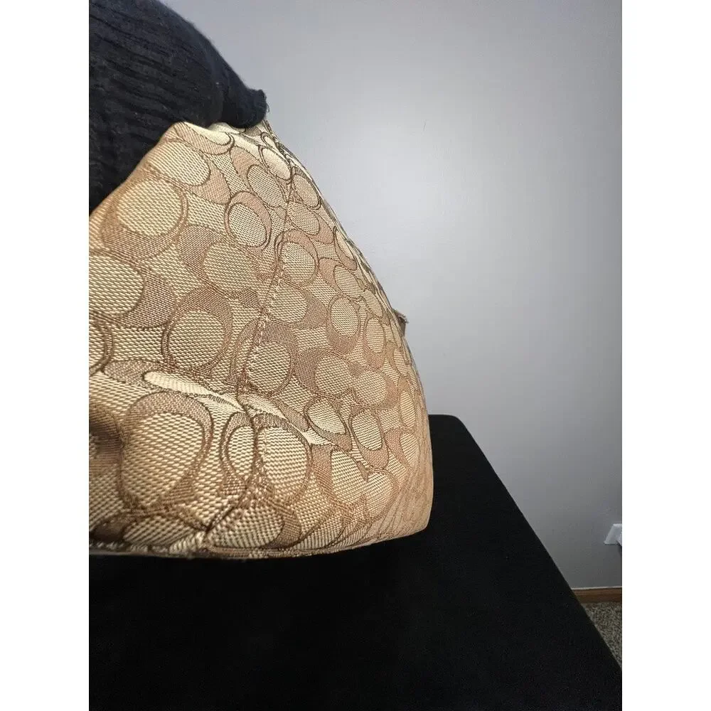 Coach F55365 Signature Canvas Zip Hobo Shoulder Bag Khaki Brown Leather Trim